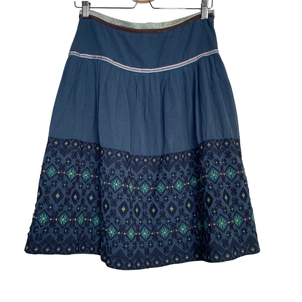 Snak Anthropologie‎ Skirt Womens Size 2 Blue Embroidered Boho Midi A-Line